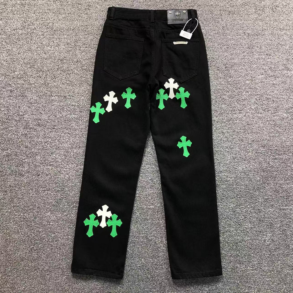 Green & White Cross Patch Black Denim Jeans™