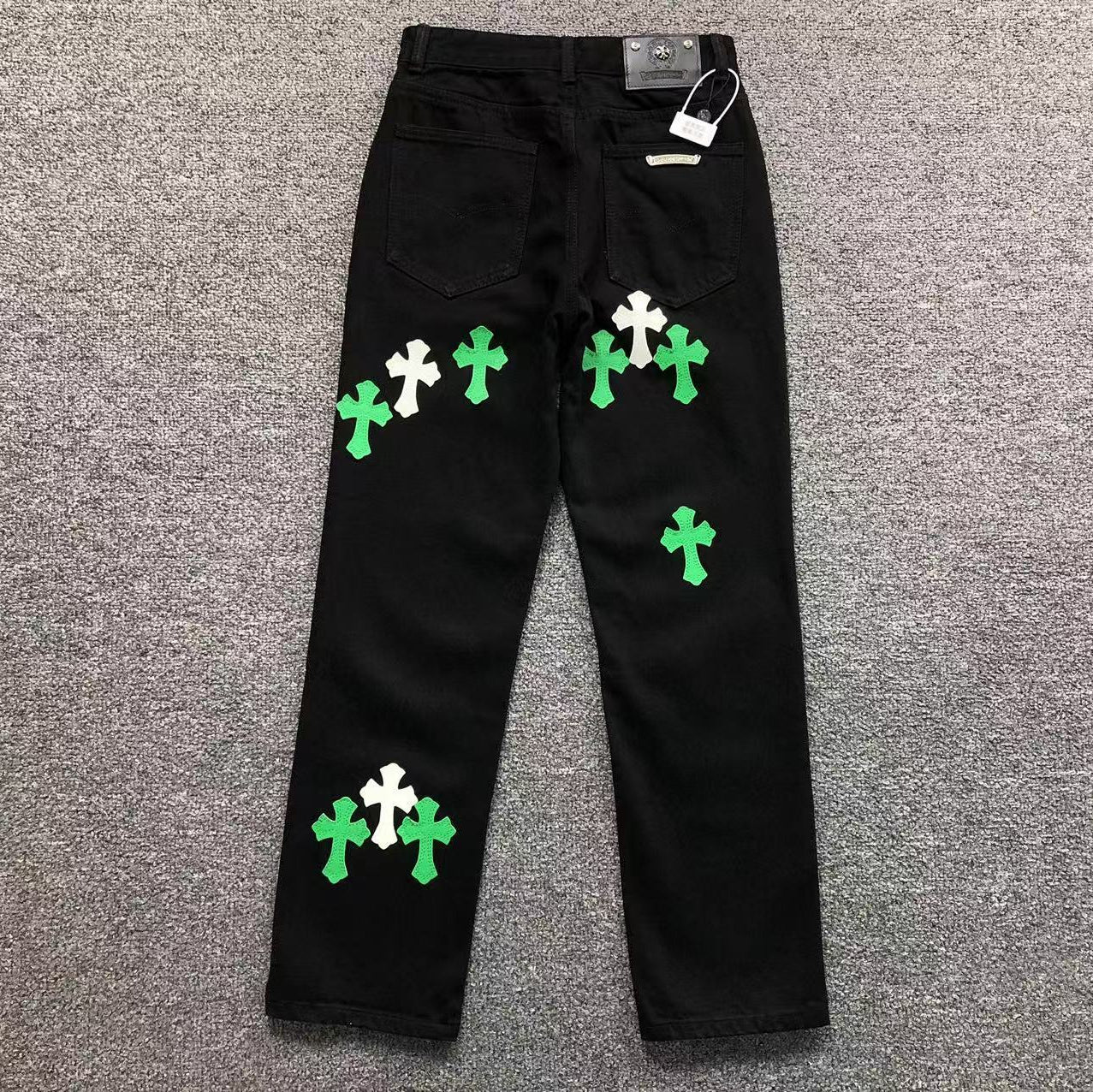 Green & White Cross Patch Black Denim Jeans™