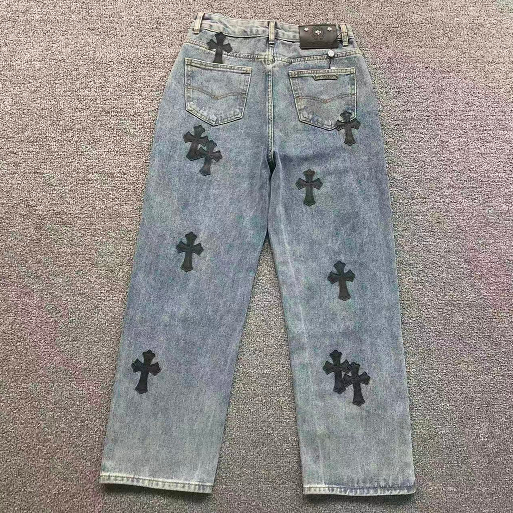 Black Cross Patch Light Denim Baggy Jeans™
