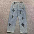 Black Cross Patch Light Denim Baggy Jeans™