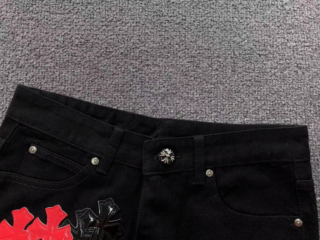 Black Red & Leopard Cross Patch Typography Logo Black Jeans™