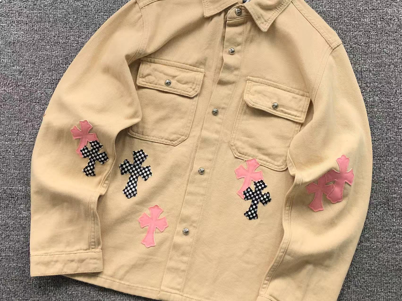 Checkered & Pink Cross Beige Denim Jacket