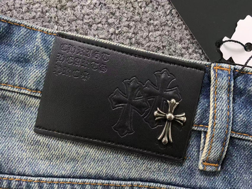 Black Leather & Cross Patch Denim Jeans™