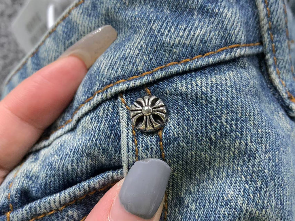 White Blue & Black Cross Patch Faded Denim Carpenter Jeans™
