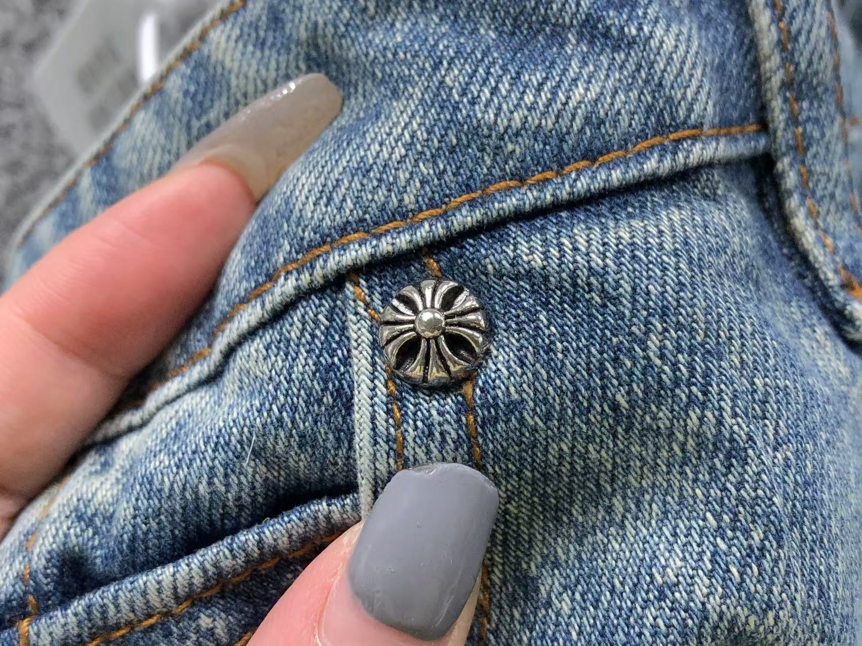 White Blue & Black Cross Patch Faded Denim Carpenter Jeans™