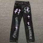 Purple & Black Cross Patch Mixed Graphic Black Denim Jeans™
