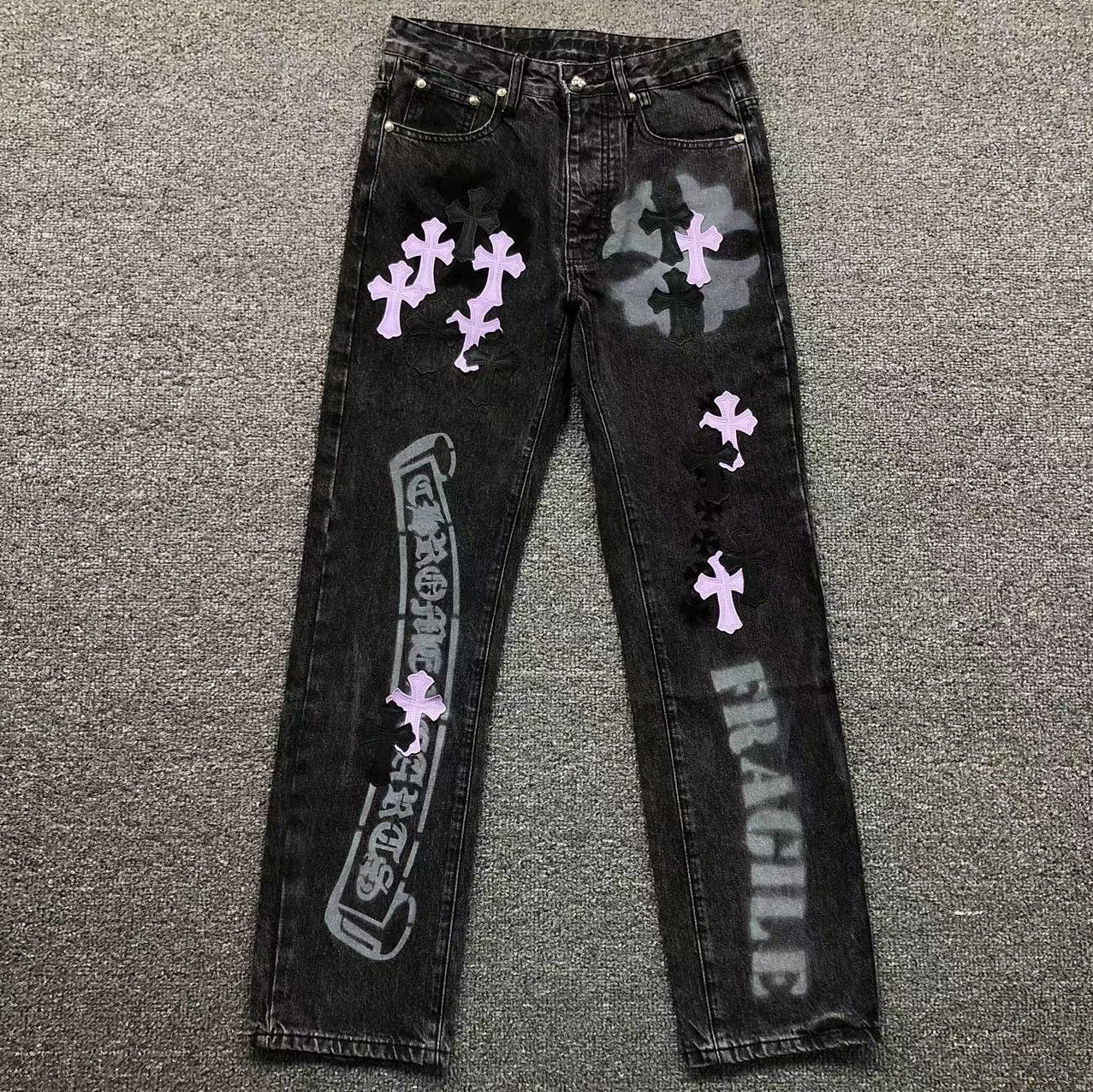 Purple & Black Cross Patch Mixed Graphic Black Denim Jeans™