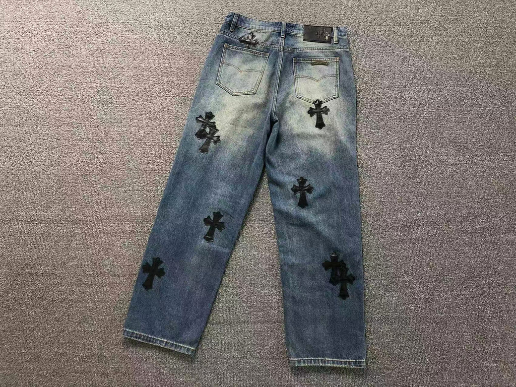 Black Leather & Cross Patch Denim Jeans™