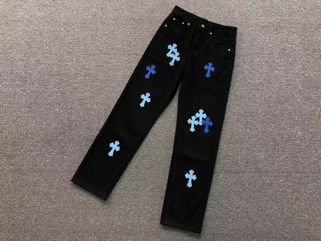 Blue & Light Blue Cross Patch Black Denim Jeans™