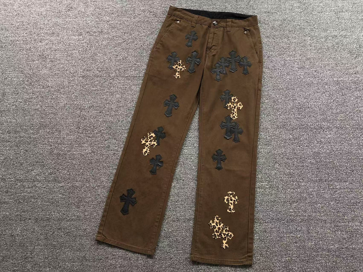 Black & Leopard Cross Patch Brown Denim Jeans