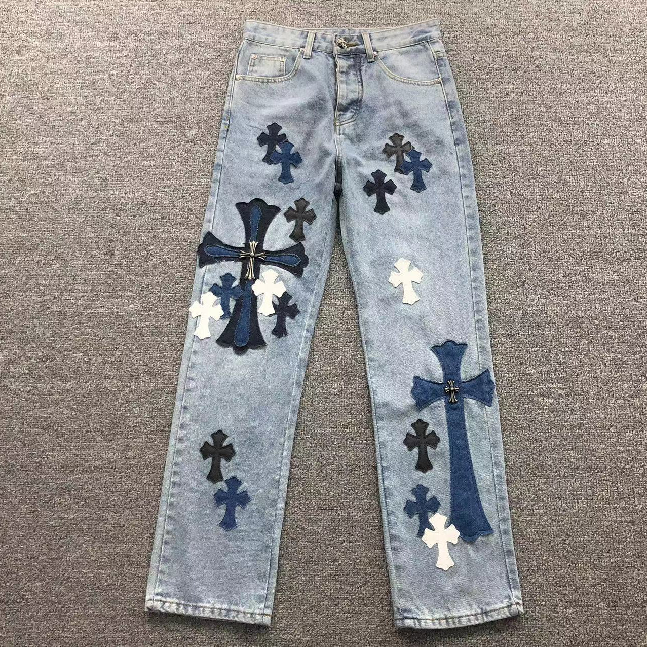 Mixed Blue & White Cross Patch Light Denim Jeans™