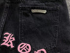 Black & Pink Cross Patch Baggy Black Jeans™