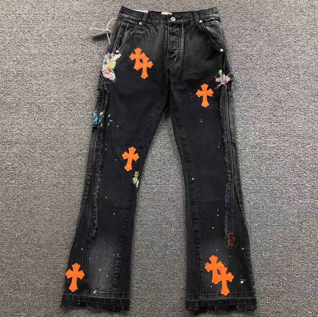 Orange Cross Patch Art Black Jeans™