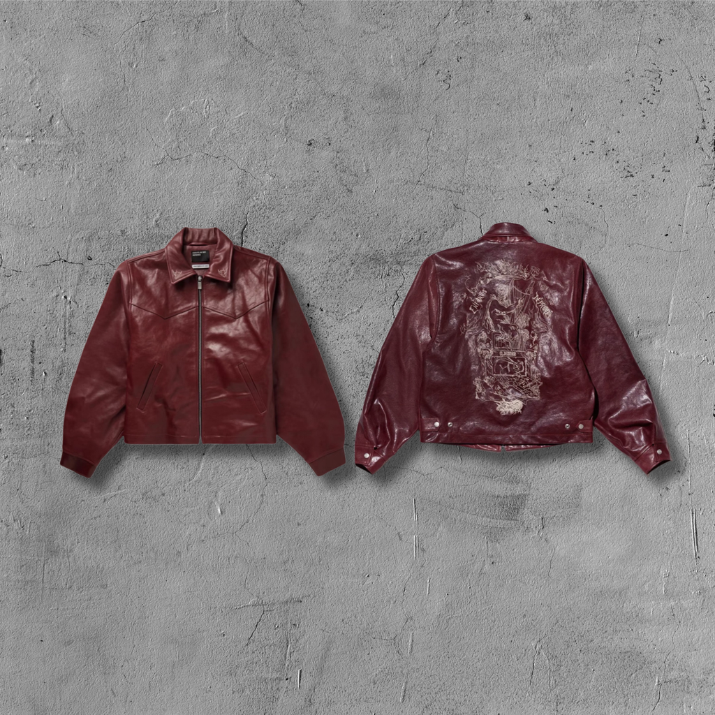 ER* Embroidered Graphic Burgundy Leather Jacket™