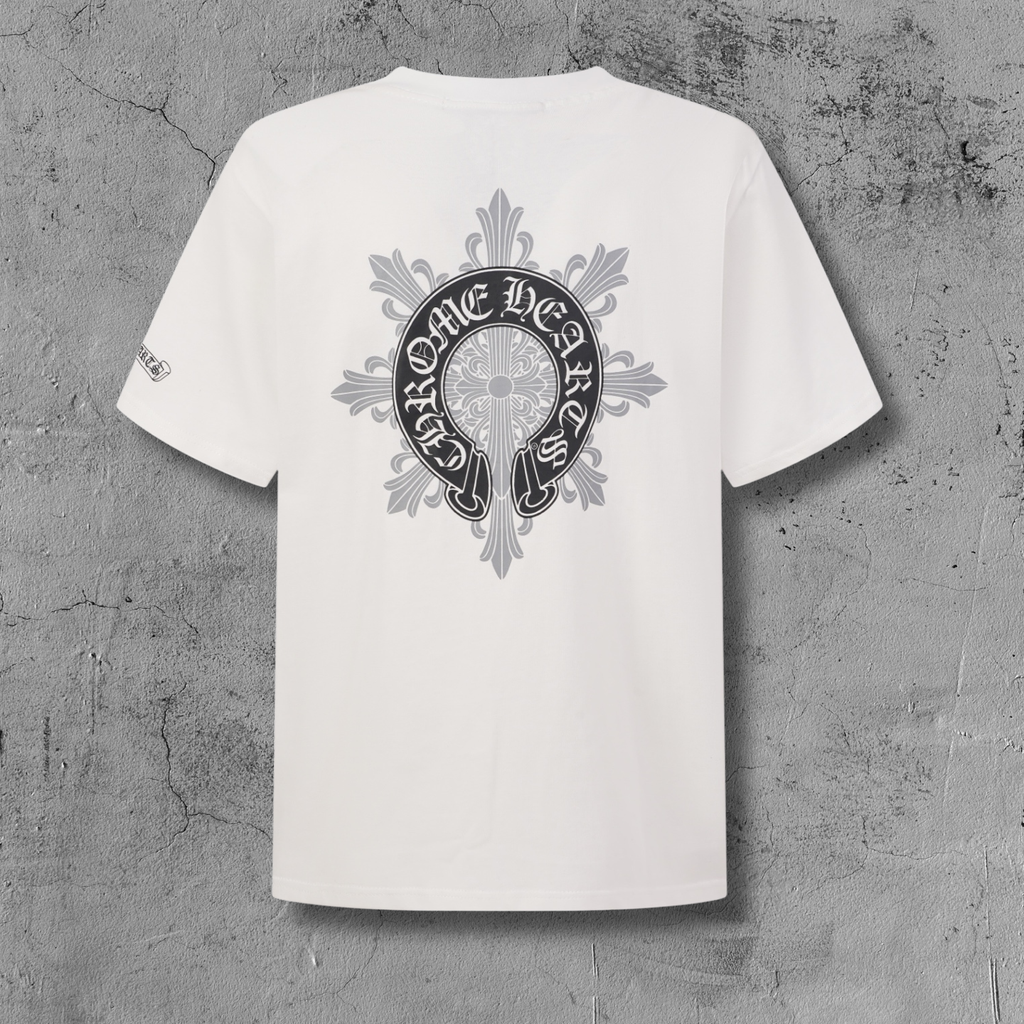 Black Horseshoe Ornate Cross White T-Shirt™