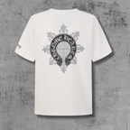 Black Horseshoe Ornate Cross White T-Shirt™