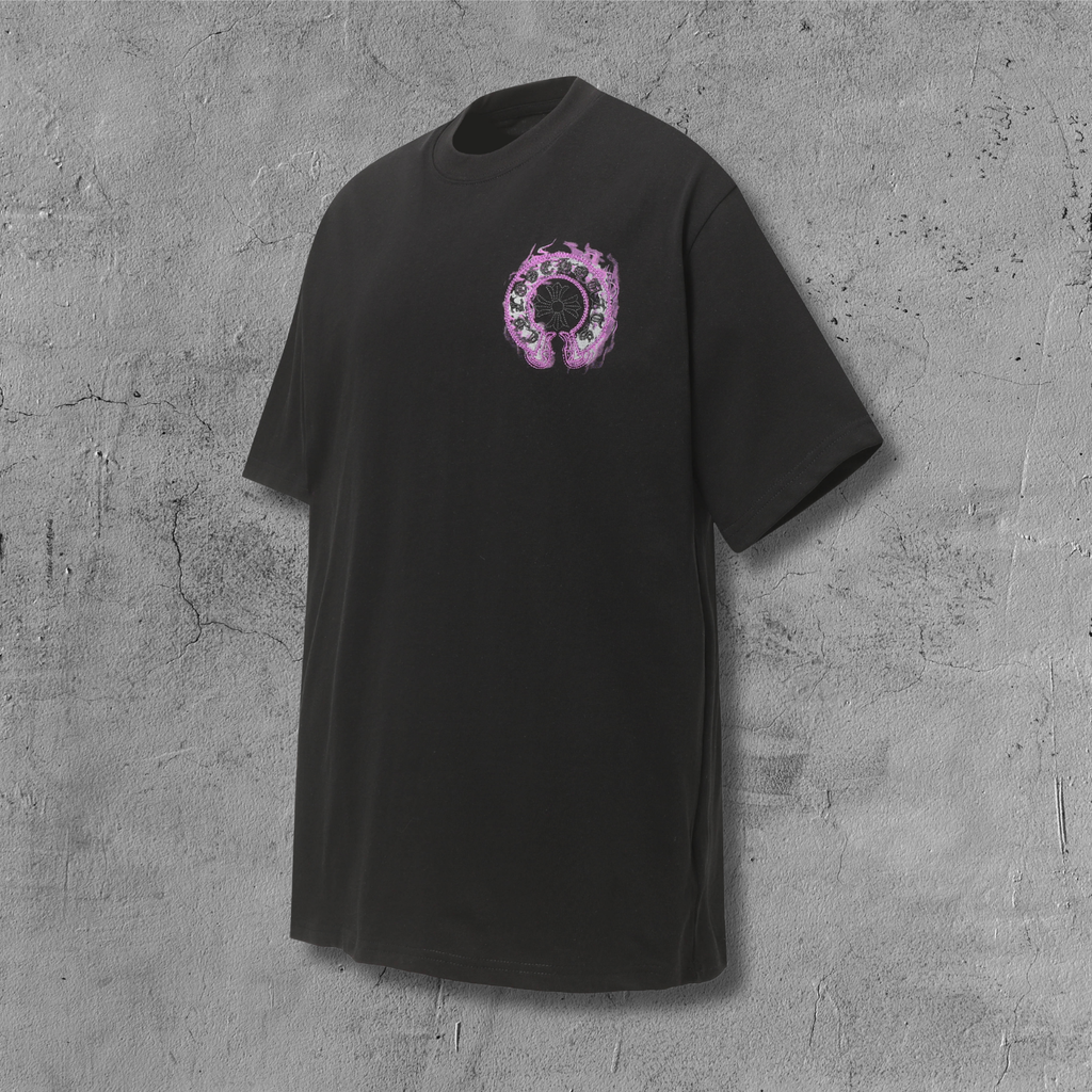 Pink Glow Embroidered Horseshoe Black T-Shirt™