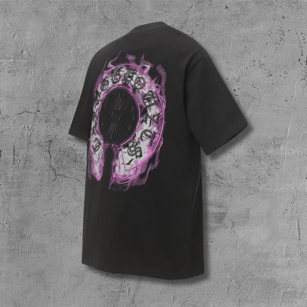 Pink Glow Embroidered Horseshoe Black T-Shirt™