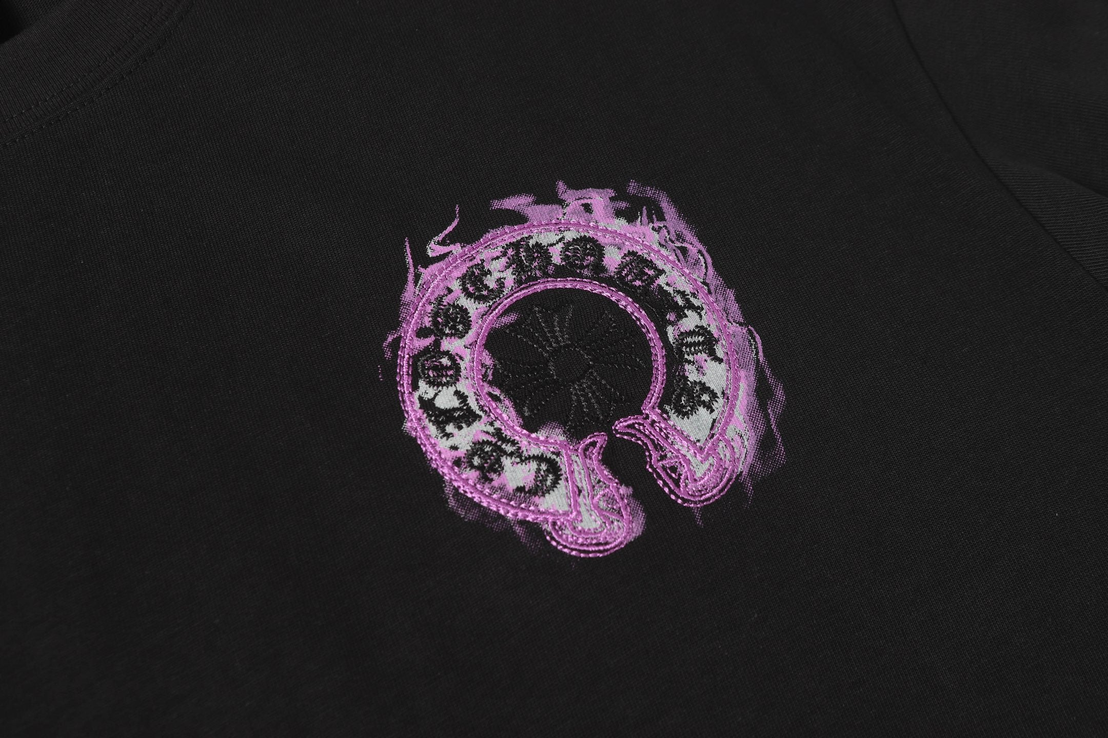 Pink Glow Embroidered Horseshoe Black T-Shirt™