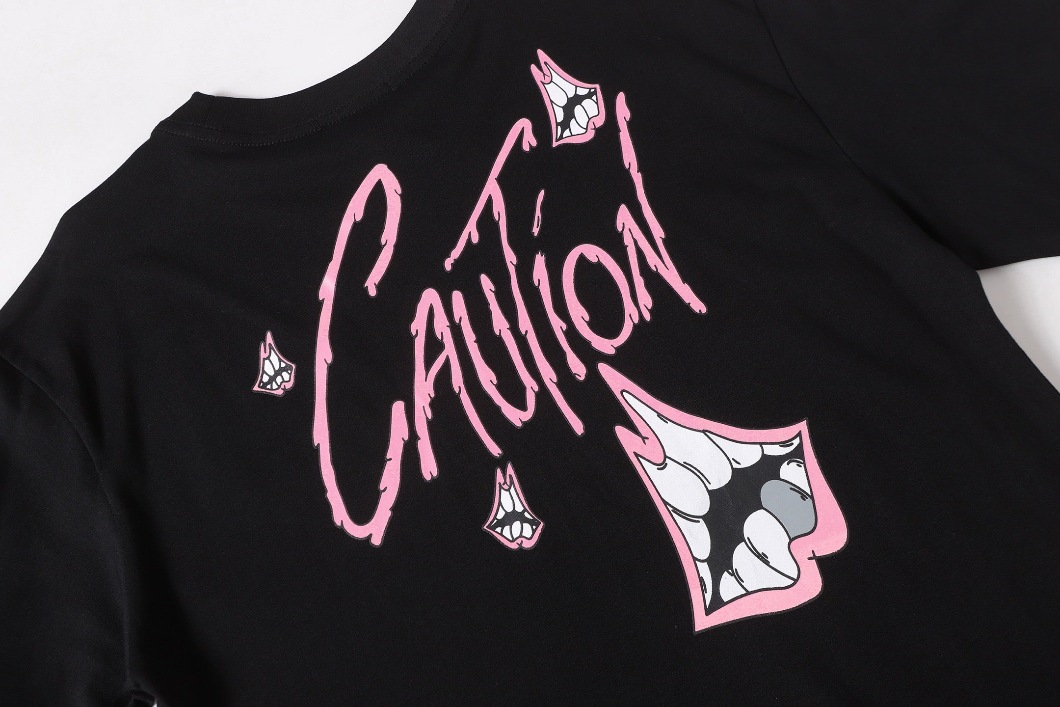 Pink Caution Graphic Black T-Shirt™