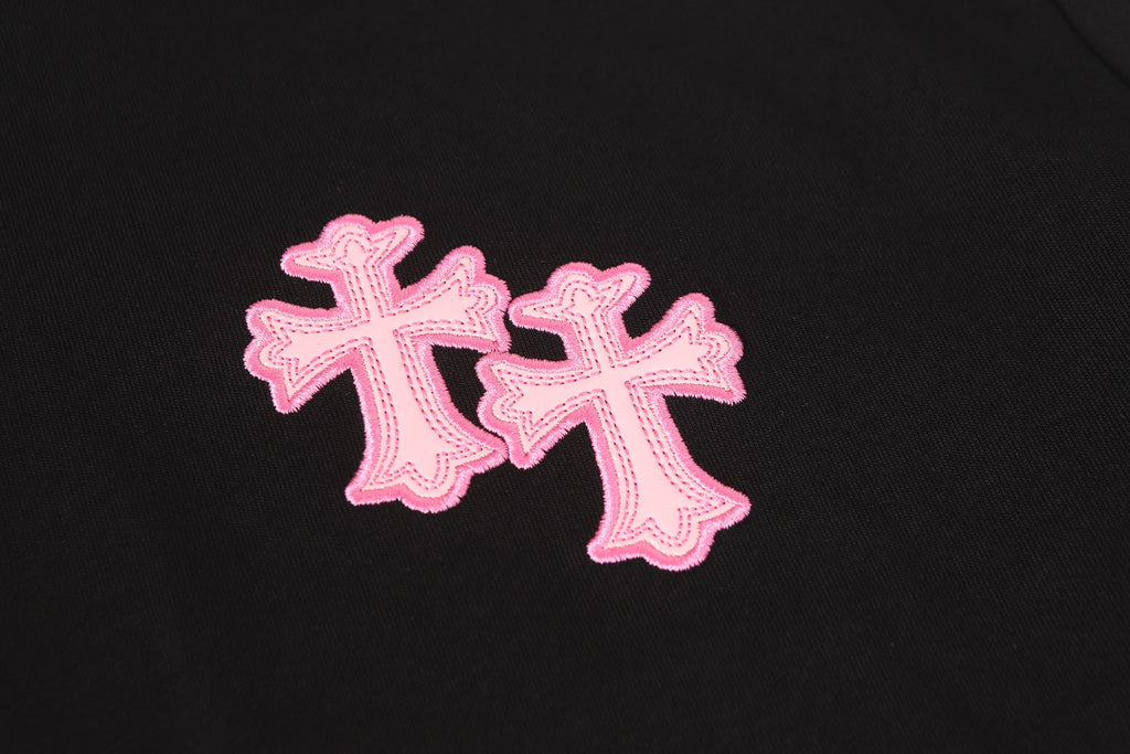 Pink Embroidered Logo Metal Cross Black T-Shirt™