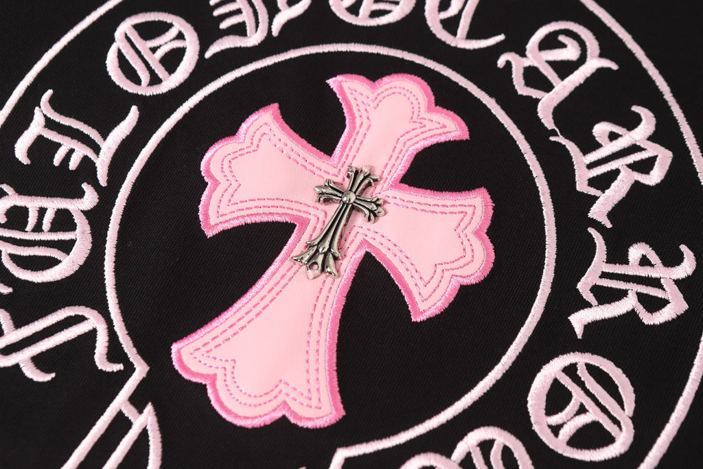 Pink Embroidered Logo Metal Cross Black T-Shirt™