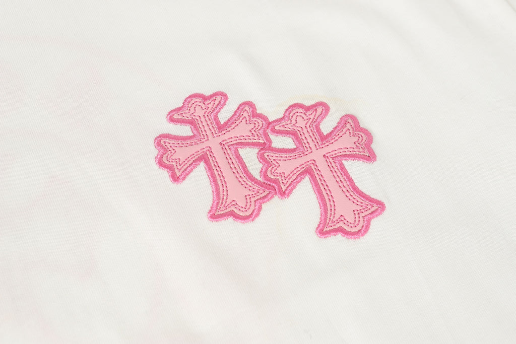 Pink Embroidered Logo Metal Cross White T-Shirt™