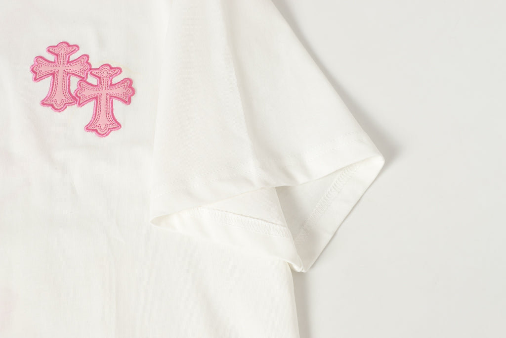 Pink Embroidered Logo Metal Cross White T-Shirt™