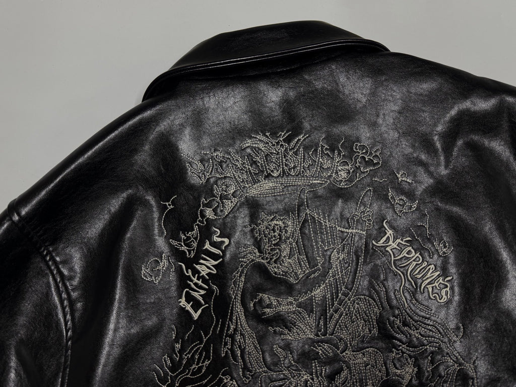 ER* Embroidered Graphic Black Leather Jacket™