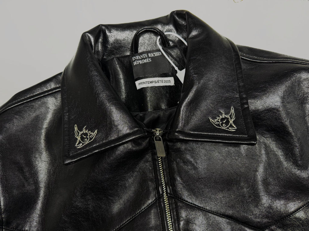 ER* Embroidered Graphic Black Leather Jacket™