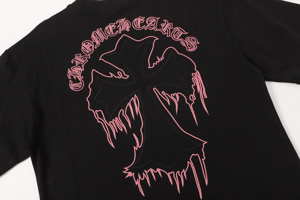 Pink & Black Embroidered Cross Black T-Shirt™