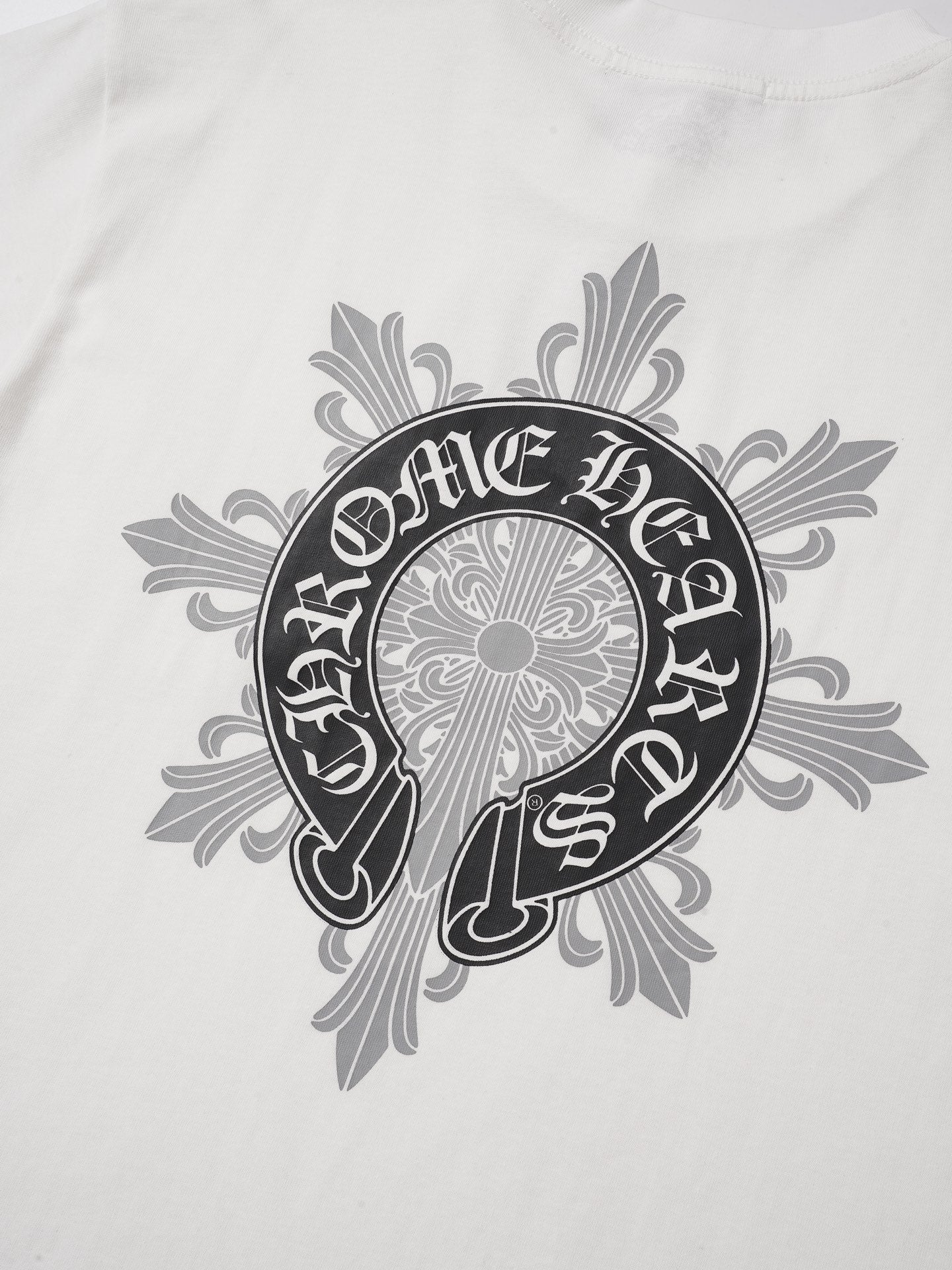 Black Horseshoe Ornate Cross White T-Shirt™