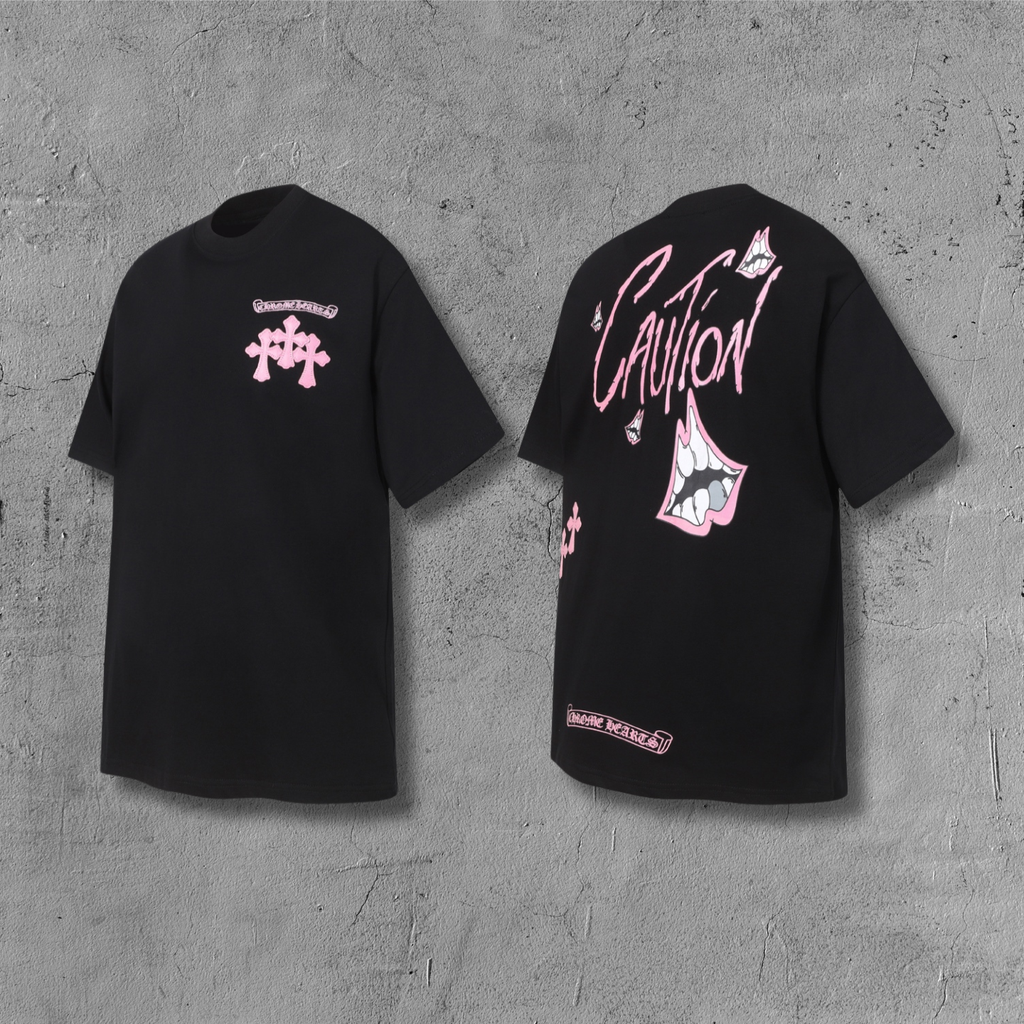 Pink Caution Graphic Black T-Shirt™