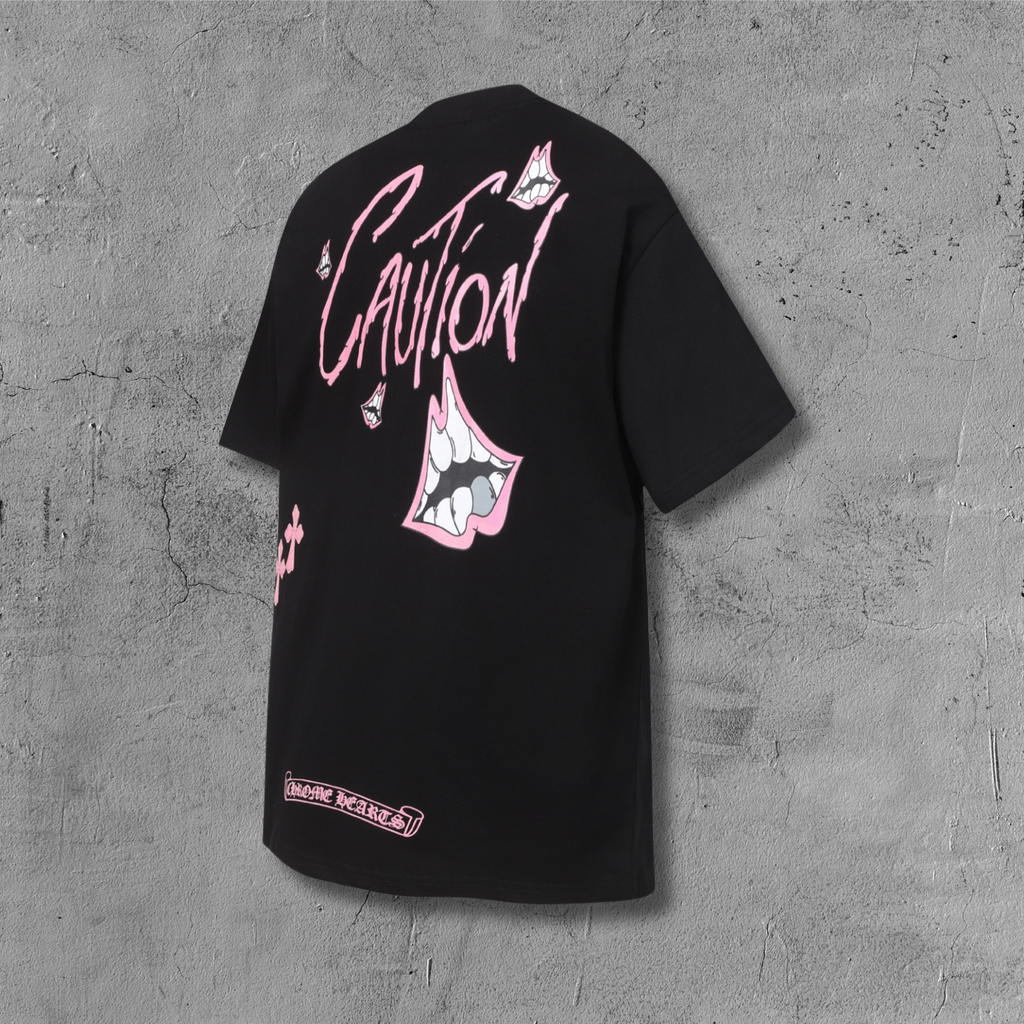 Pink Caution Graphic Black T-Shirt™