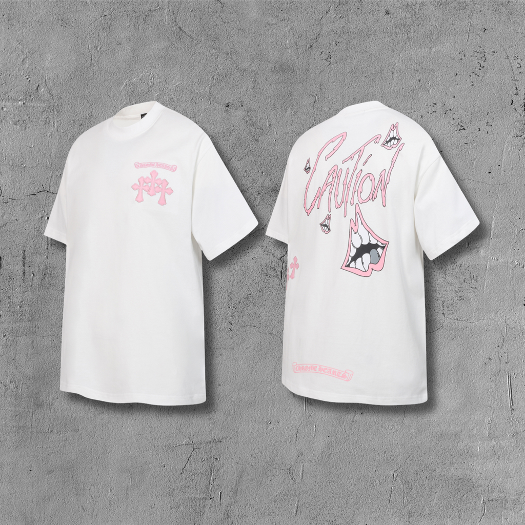 Pink Caution Graphic White T-Shirt™