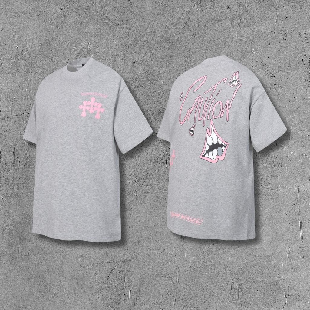 Pink Caution Graphic Grey T-Shirt™