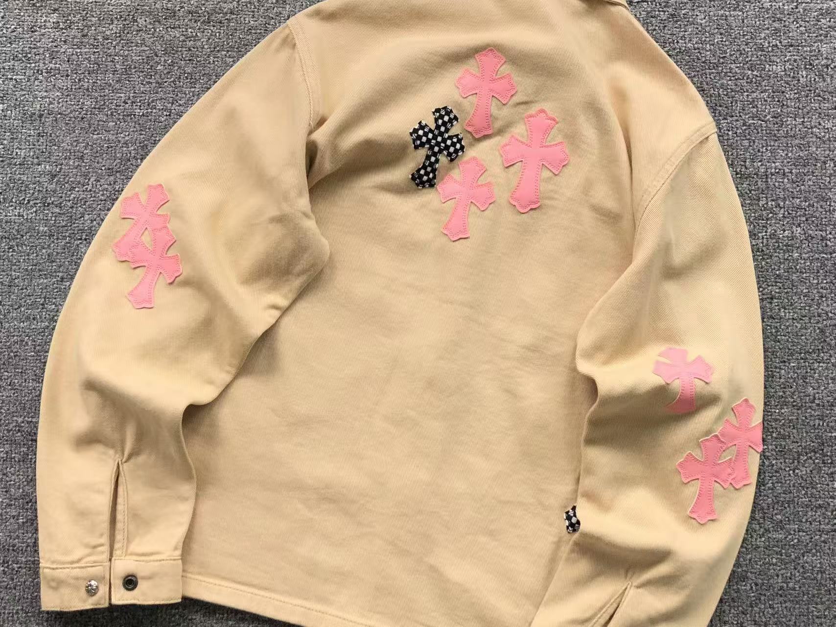 Checkered & Pink Cross Beige Denim Jacket