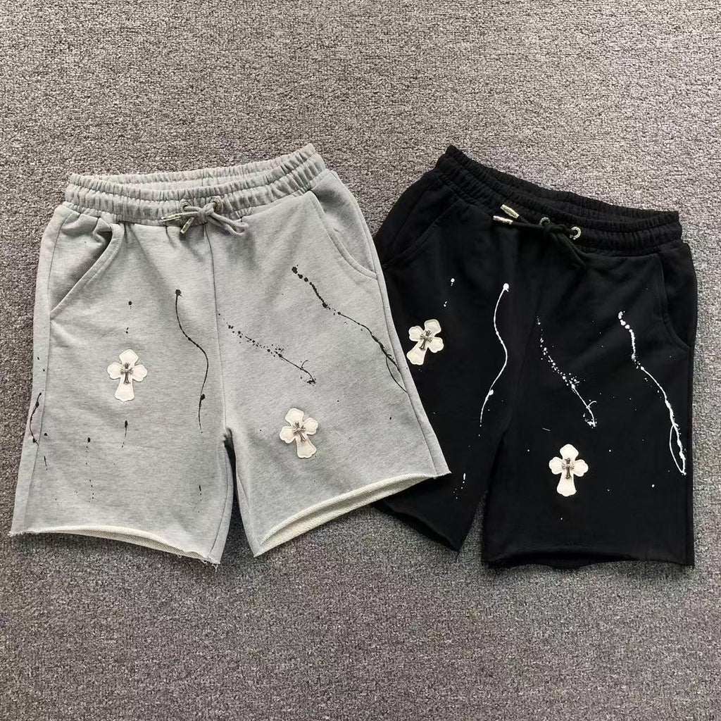White Leather Cross Paint Drip Sweatshorts™