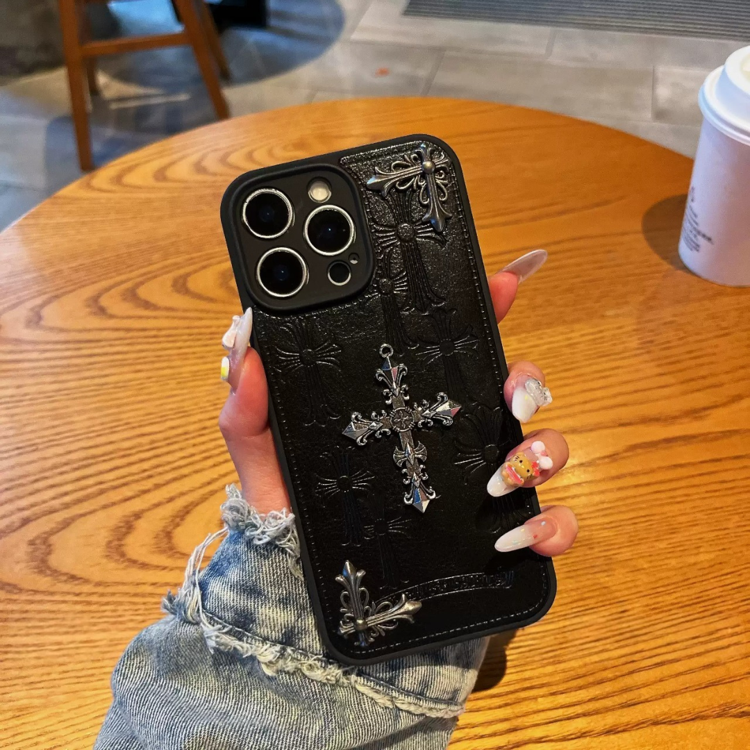 Metallic 3D Cross Black Leather Phone Case™