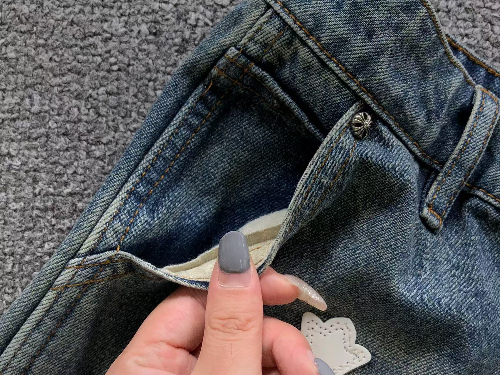 White Blue & Black Cross Patch Faded Denim Carpenter Jeans™