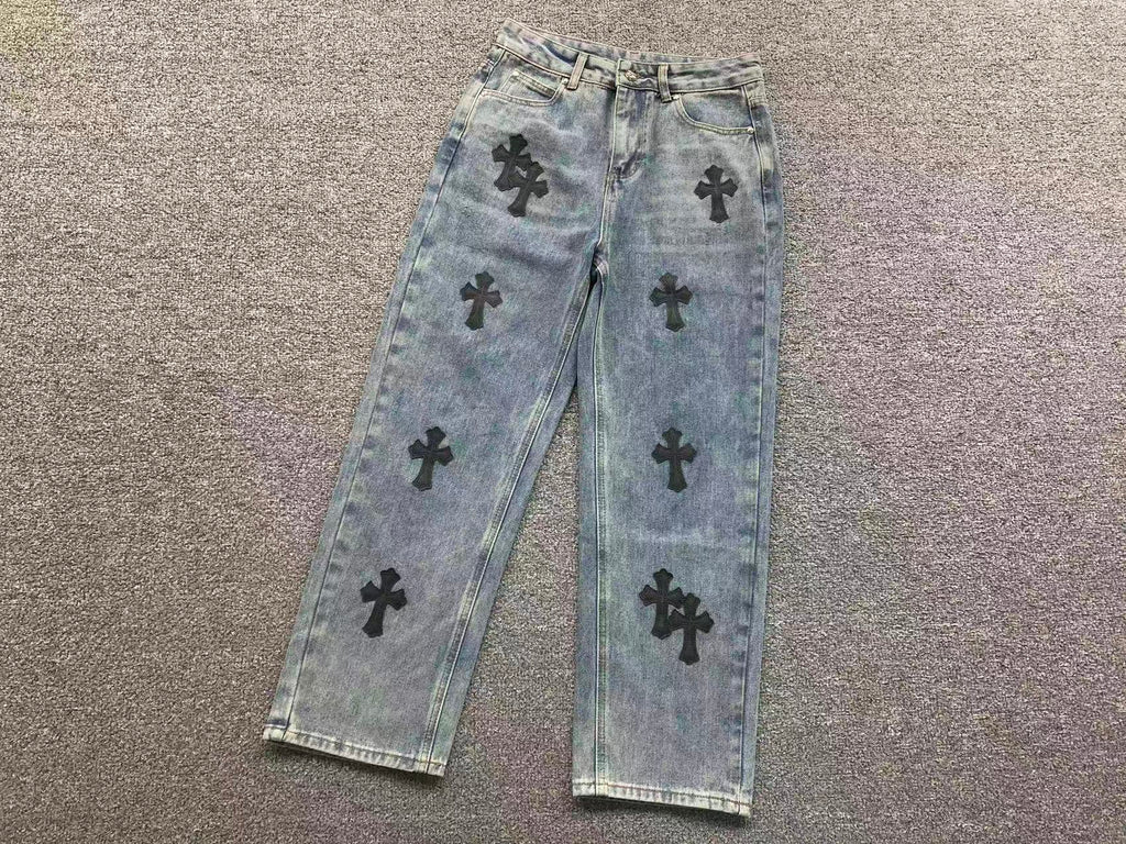 Black Cross Patch Light Denim Baggy Jeans™