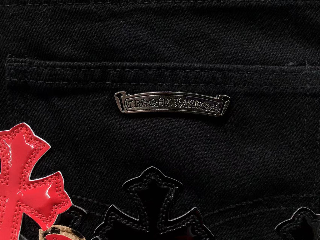 Black Red & Leopard Cross Patch Typography Logo Black Jeans™