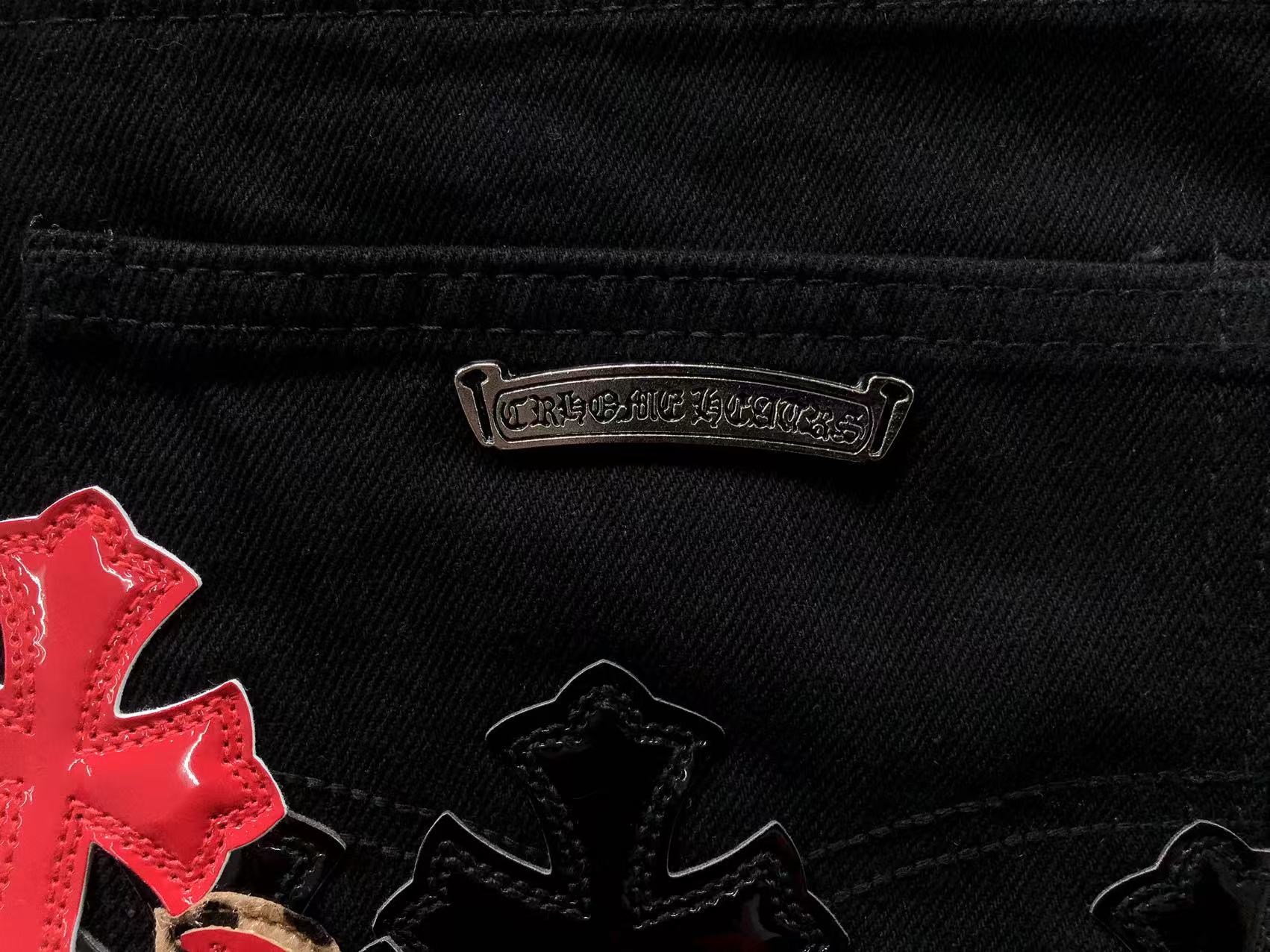 Black Red & Leopard Cross Patch Typography Logo Black Jeans™