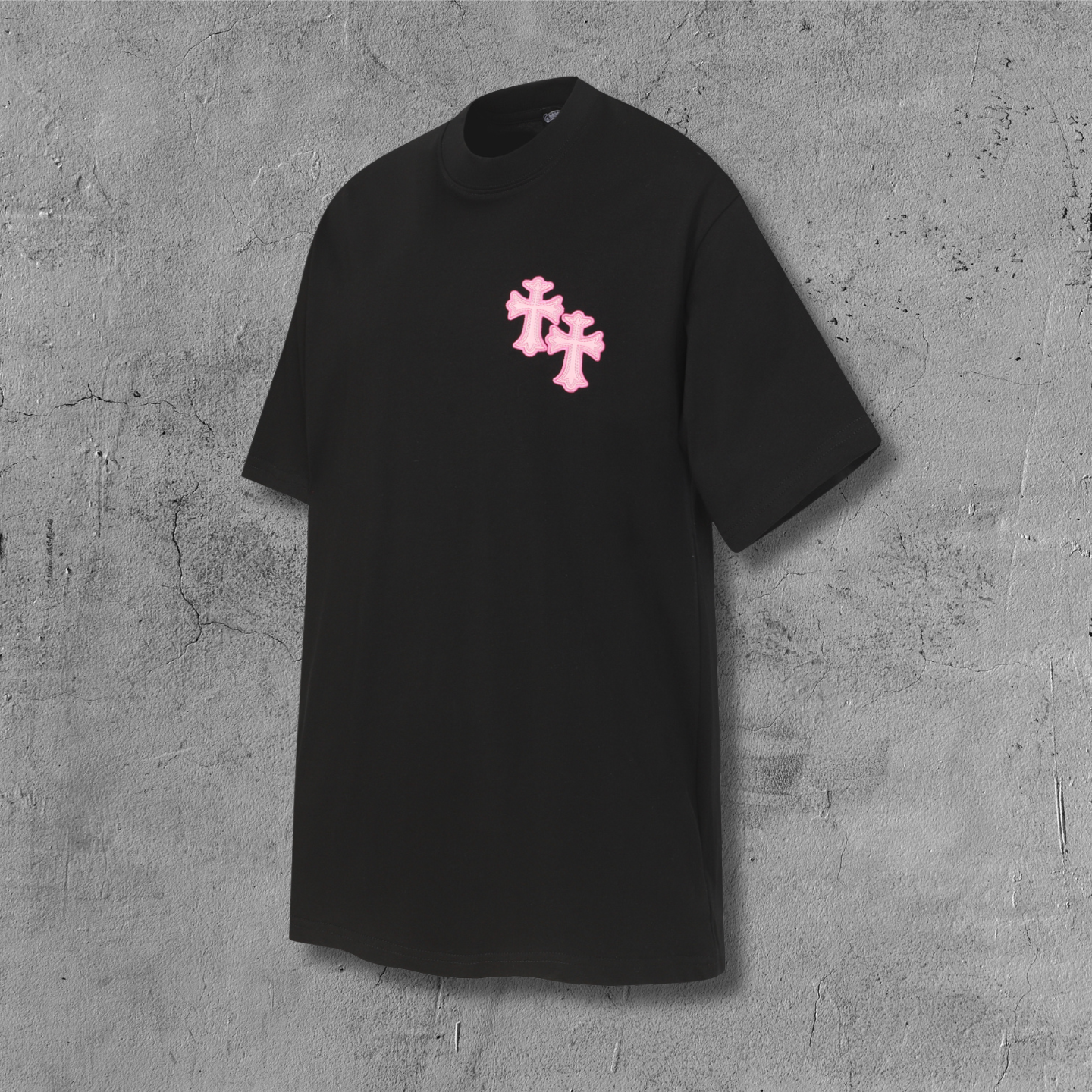 Pink Embroidered Logo Metal Cross Black T-Shirt™