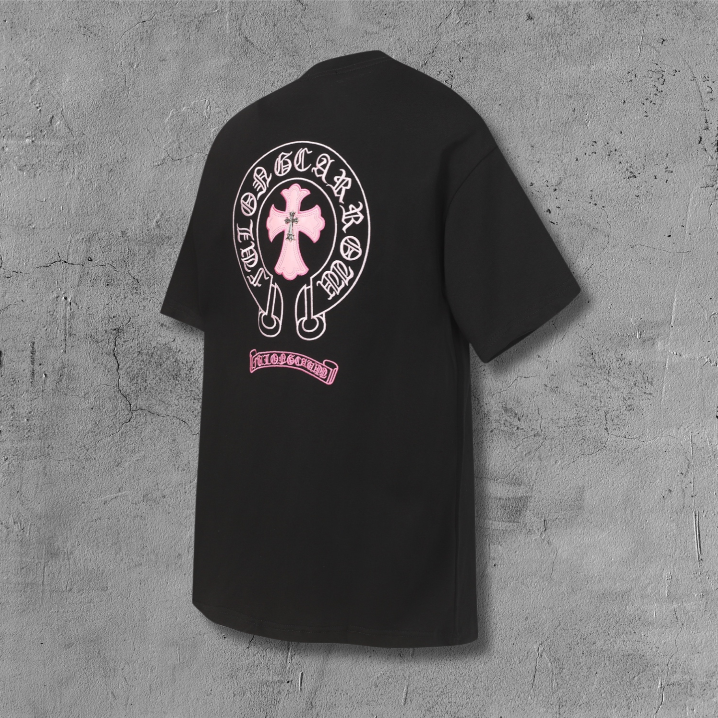 Pink Embroidered Logo Metal Cross Black T-Shirt™