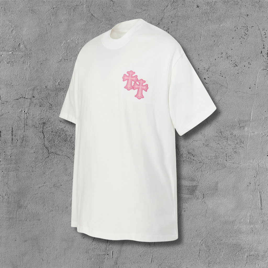 Pink Embroidered Logo Metal Cross White T-Shirt™