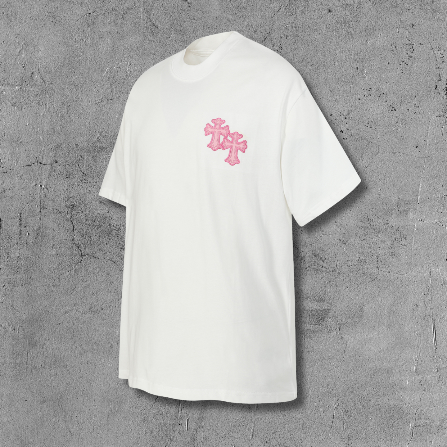 Pink Embroidered Logo Metal Cross White T-Shirt™