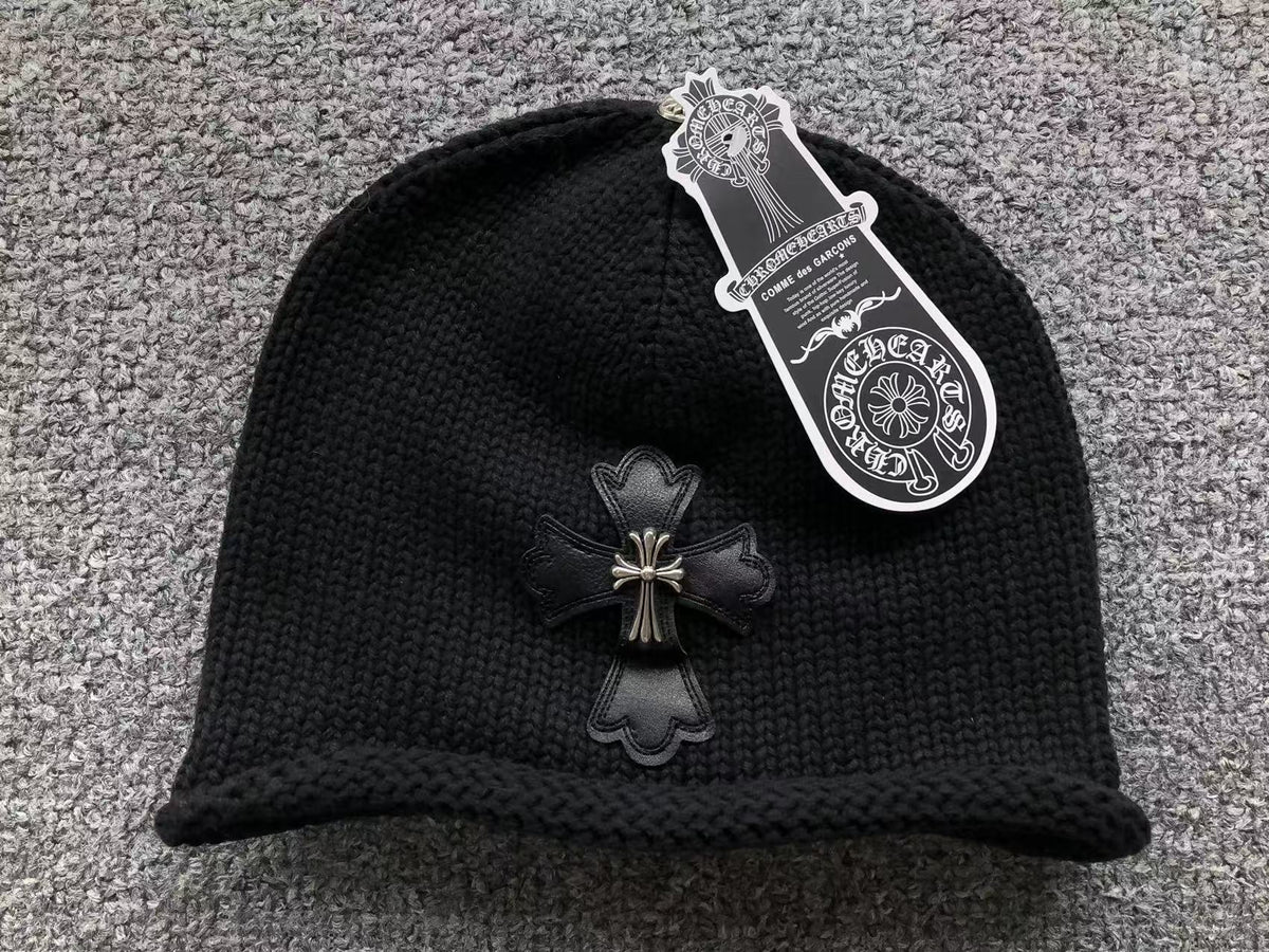 Metallic & Leather Cross Black Beanie™