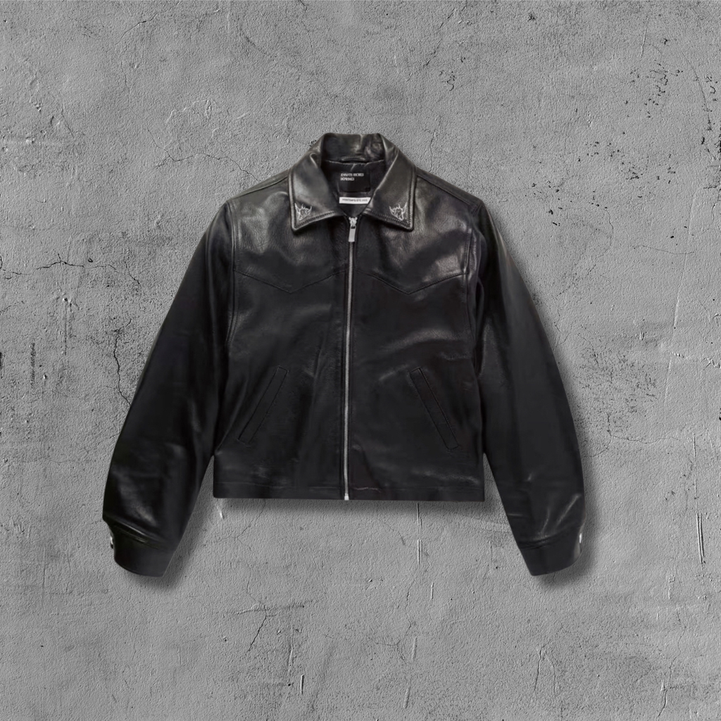 ER* Embroidered Graphic Black Leather Jacket™