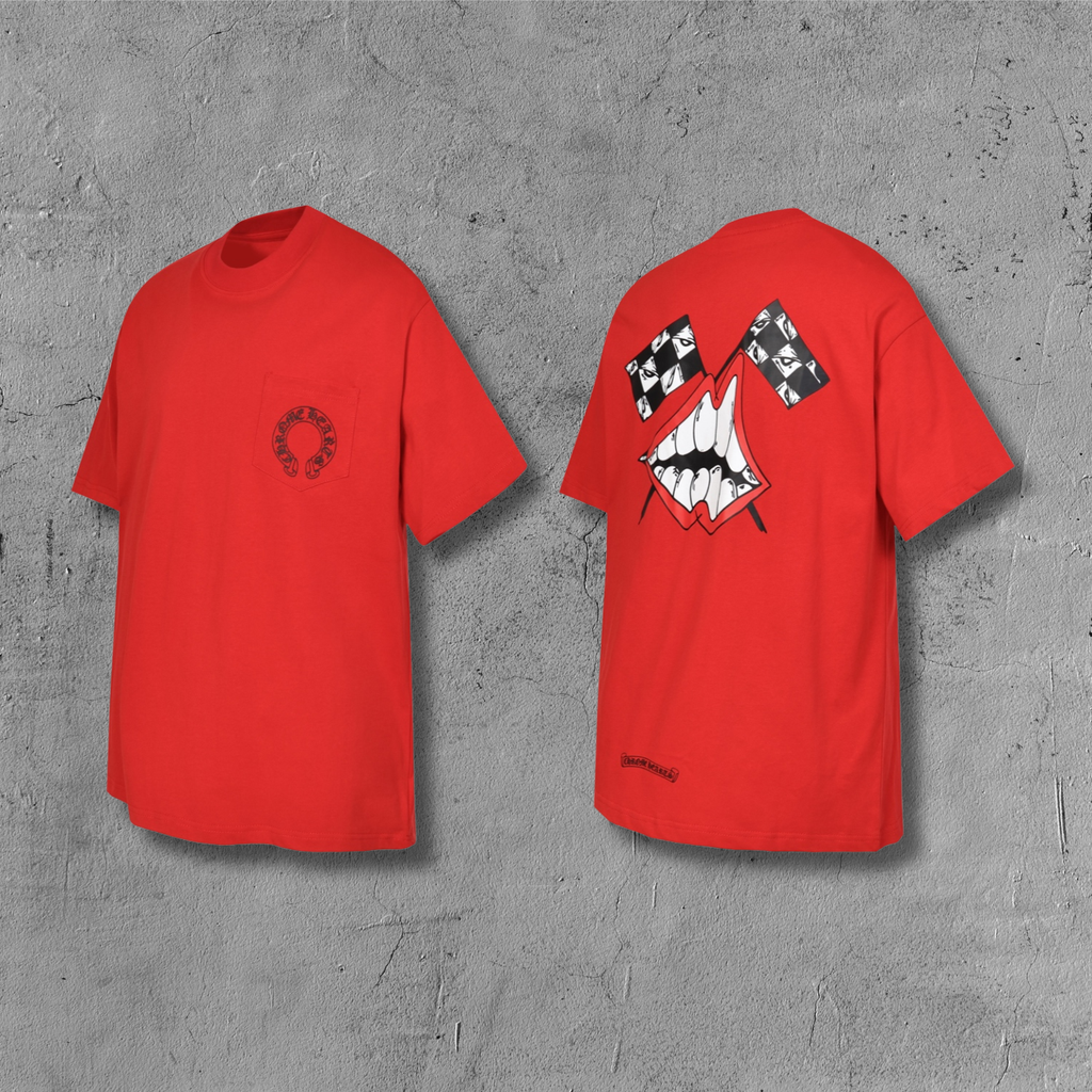 Checker Flag Mouth Graphic Pocket Red T-Shirt™